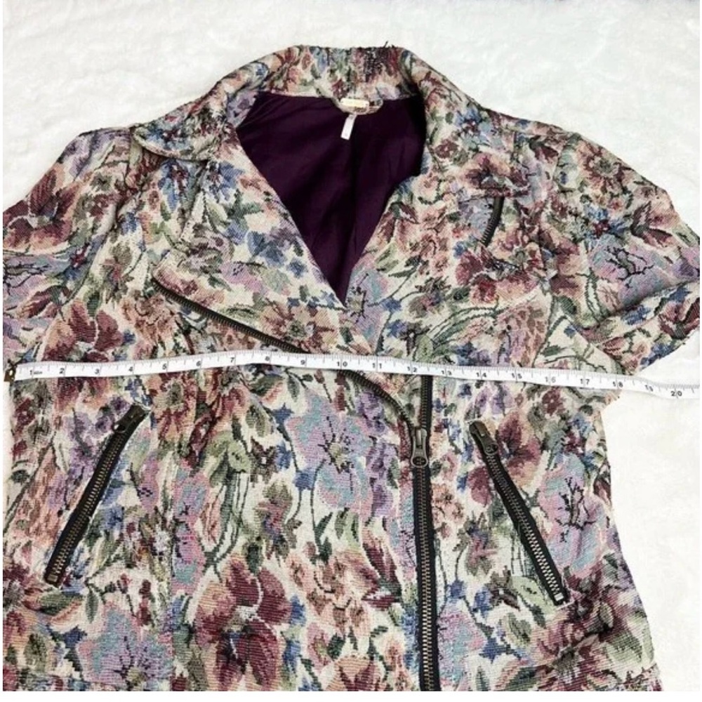 Free People Floral Tapestry Moto Jacket Size 10 - Multicolor/Cream/Pink/Tan - Picture 6 of 12